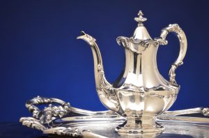 Antique silver coffee pot and silver tray in Golden, Colorado, United States